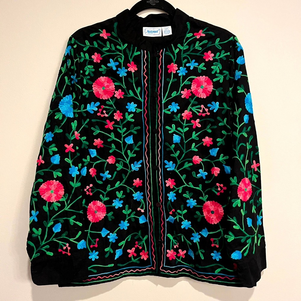 National Jacket Black Floral Embroidered Cotton Button Front Women Large
